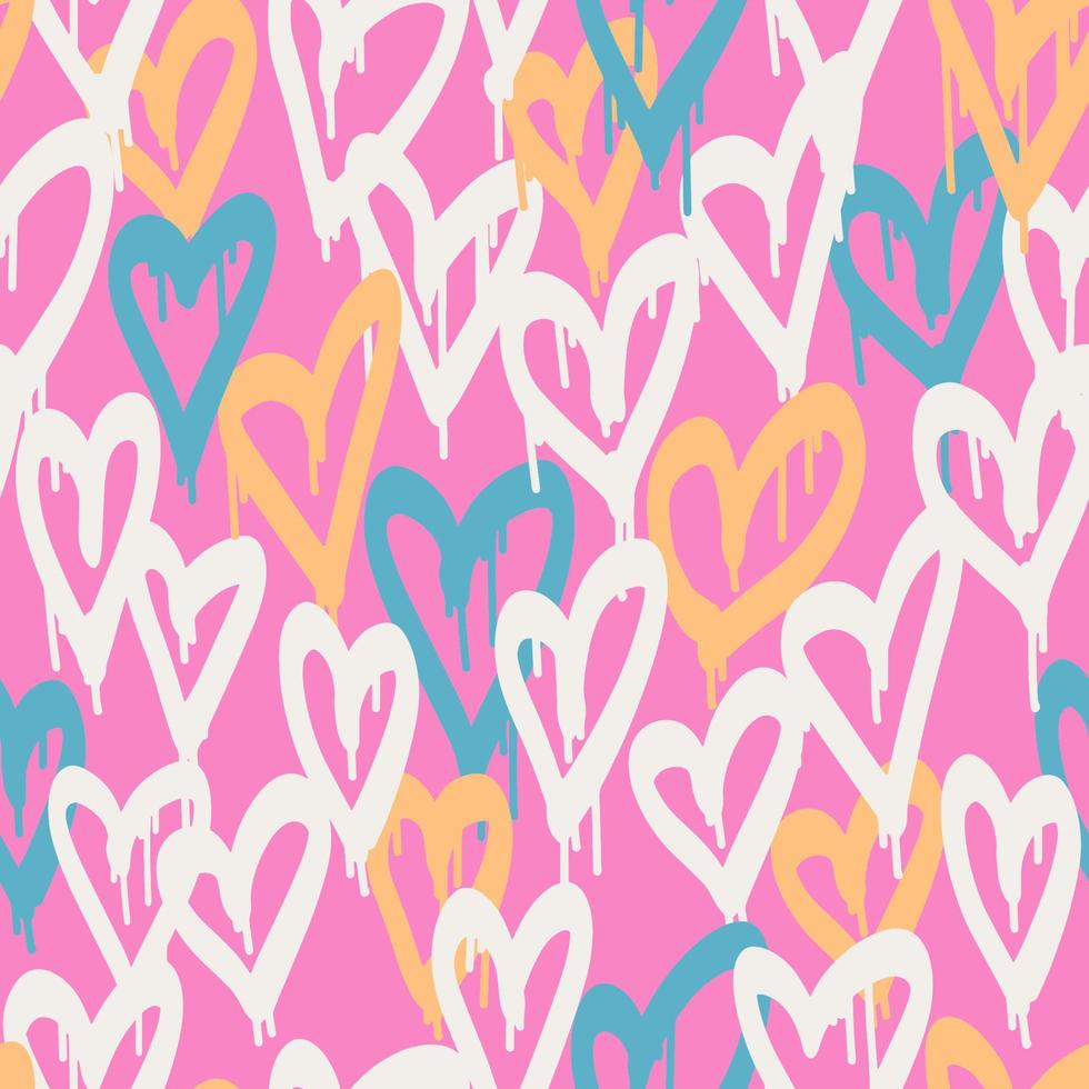 Graffiti hearts. Urban seamless pattern in street art style. Abstract print. Graphic underground unisex design for t-shirts and sweatshirt in bright neon pink colors. Hipster retrowave with 90s style. vector