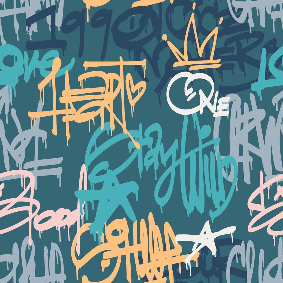Urban typography seamless pattern with street art graffiti slogan print. Abstract graphic underground unisex design for t-shirts and sweatshirt for teenagers. Green Blue color palette. vector