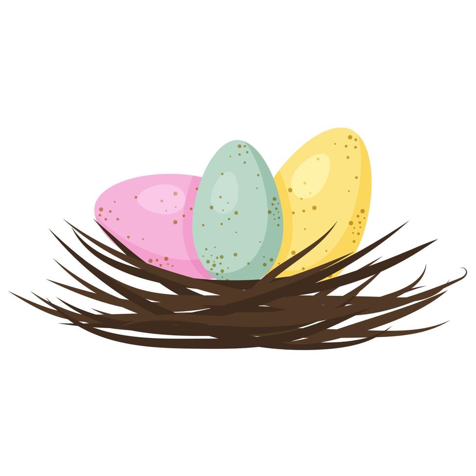 Painted Easter eggs in a nest of twigs isolated on white background vector