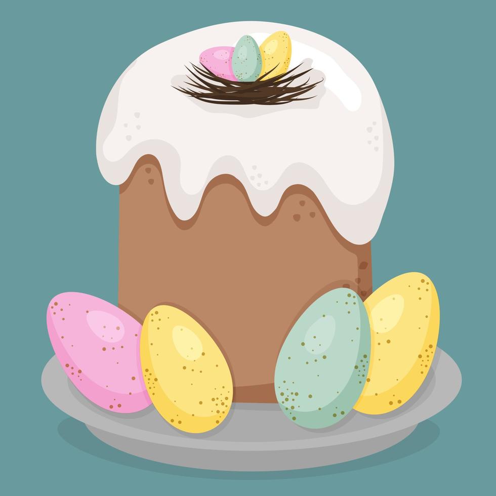 Easter cake with eggs isolated on blue background. Kids illustration. vector