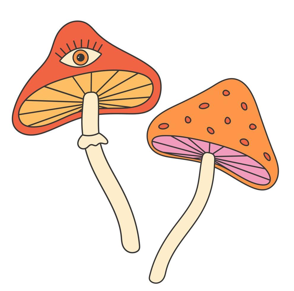 Retro groovy hippie 70s sticker. Mushrooom stickers in trendy retro psychedelic cartoon style. vector