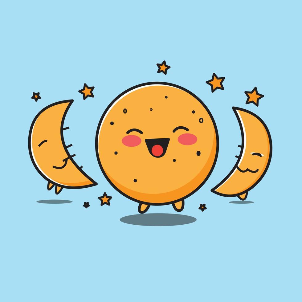 Kawaii moon smiling cartoon character vector illustration.