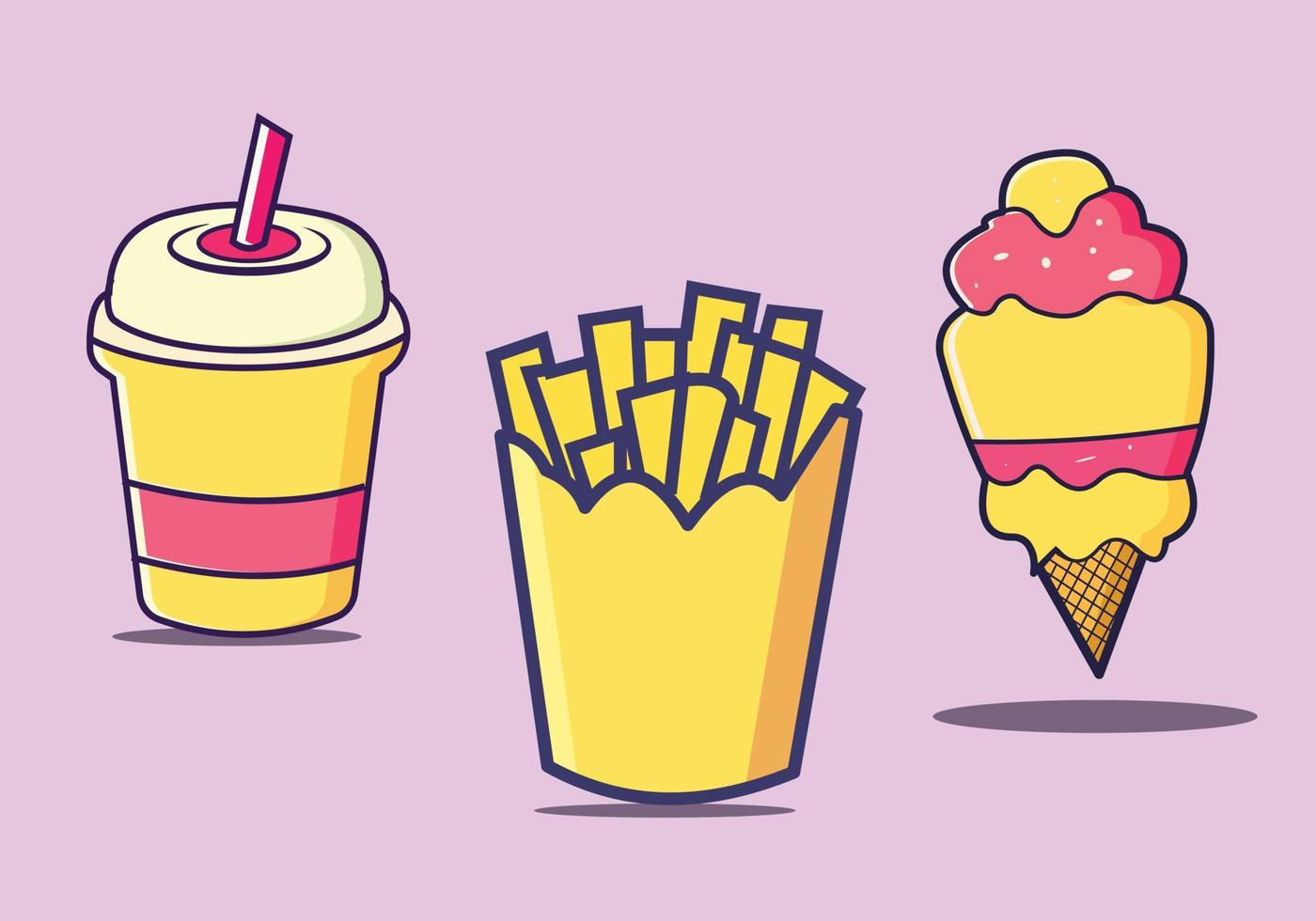 rápido comida equipo vector ilustracion.hielo crema cono, frio café, francés papas fritas dibujos animados.