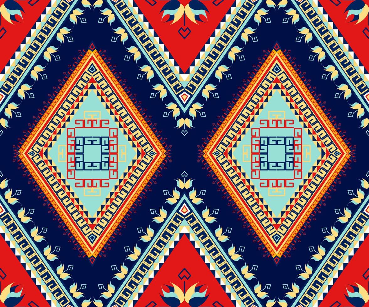 étnico gente geométrico sin costura modelo en rojo y azul tono en vector ilustración diseño para tela, estera, alfombra, bufanda, envase papel, loseta y más
