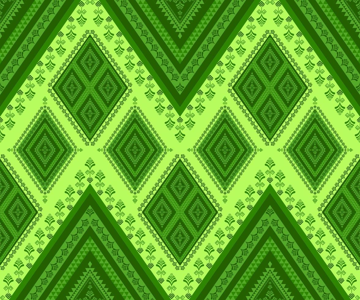 Ethnic folk geometric seamless pattern in green tone in vector illustration design for fabric, mat, carpet, scarf, wrapping paper, tile and more