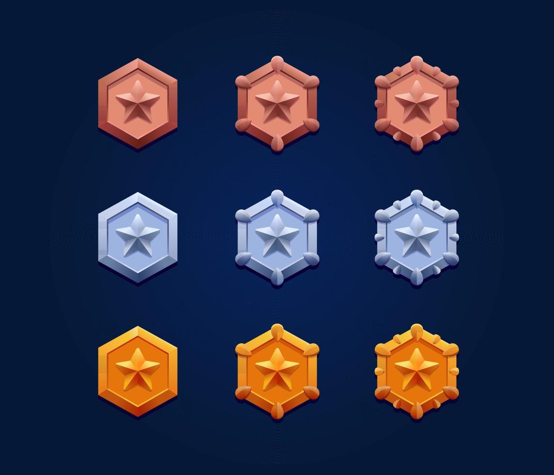 Metallic stars badges set. Bronze, silver and gold. Perfect for games achievements. vector