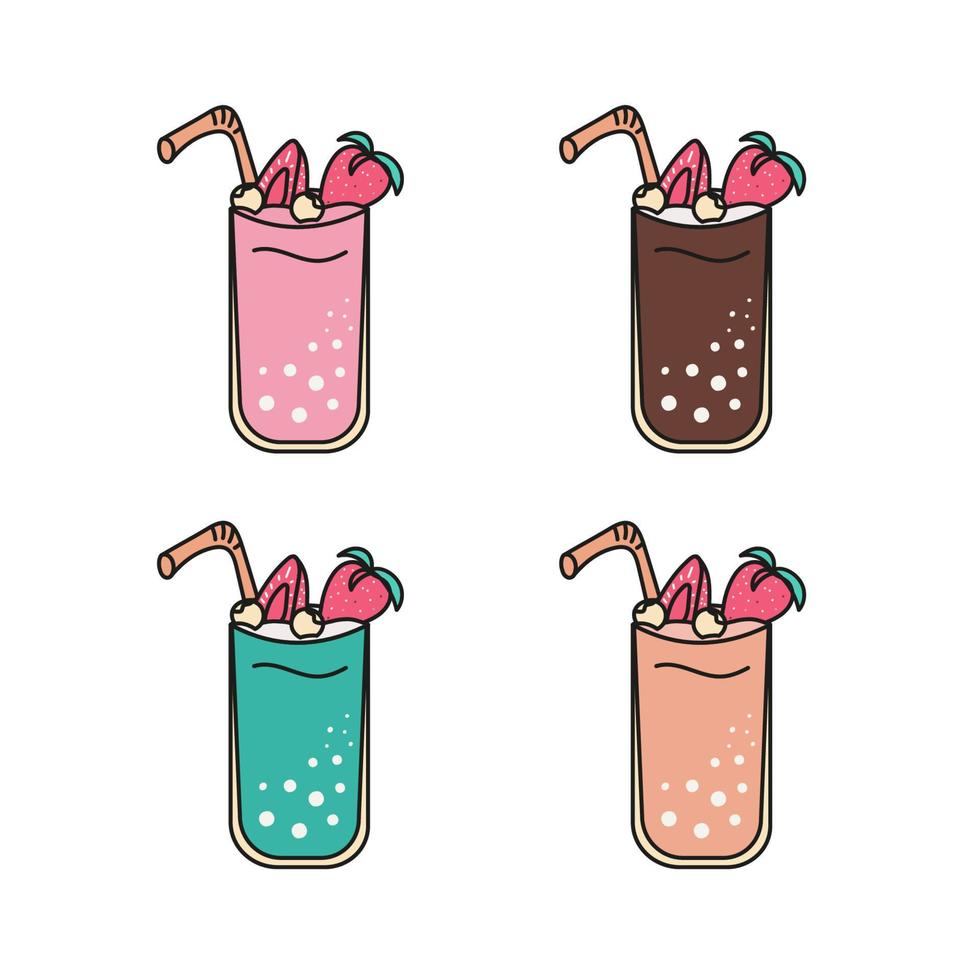 Refreshing milkshake with straw. Chocolate, vanilla, mint, strawberry. Doodle Vector illustration.