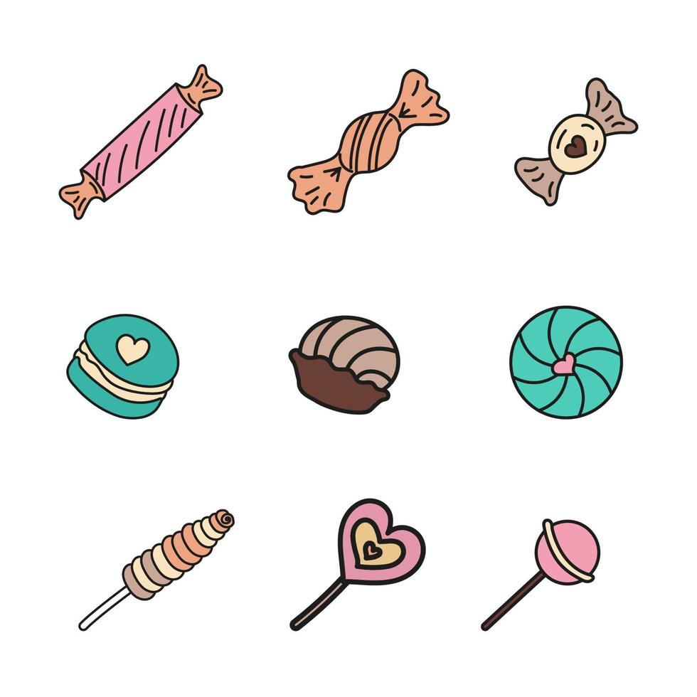 Set sweets candies, lollipop. Vector illustration doodle style. Macaroon, swirl, chocolate candy.