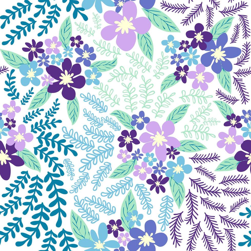 fantasía sin costura floral modelo con azul, azur, hombre, lavanda flores y hojas. elegante modelo para Moda vector