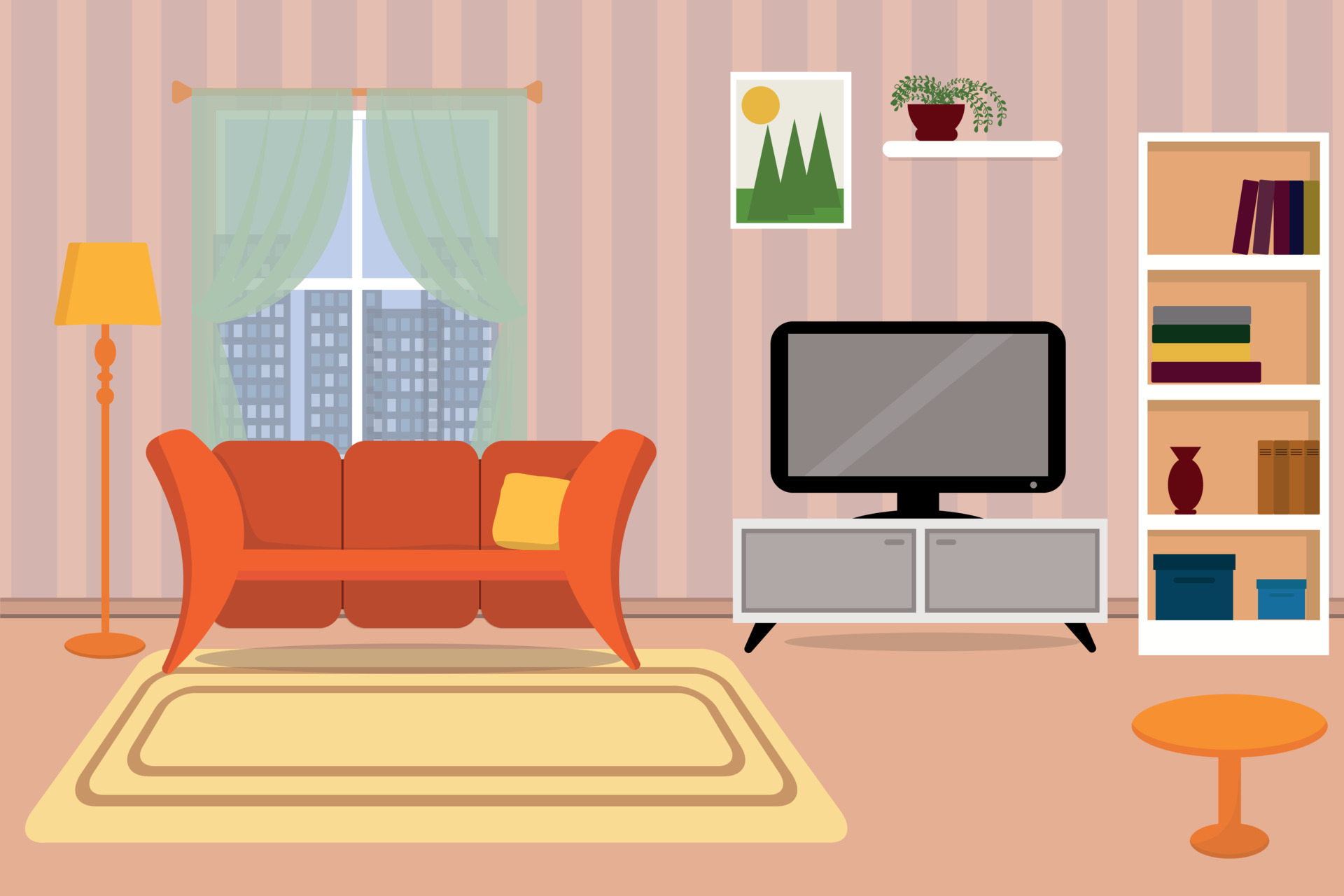 Living room interior. Convenient sofa, TV, bookshelf, flowers, vase