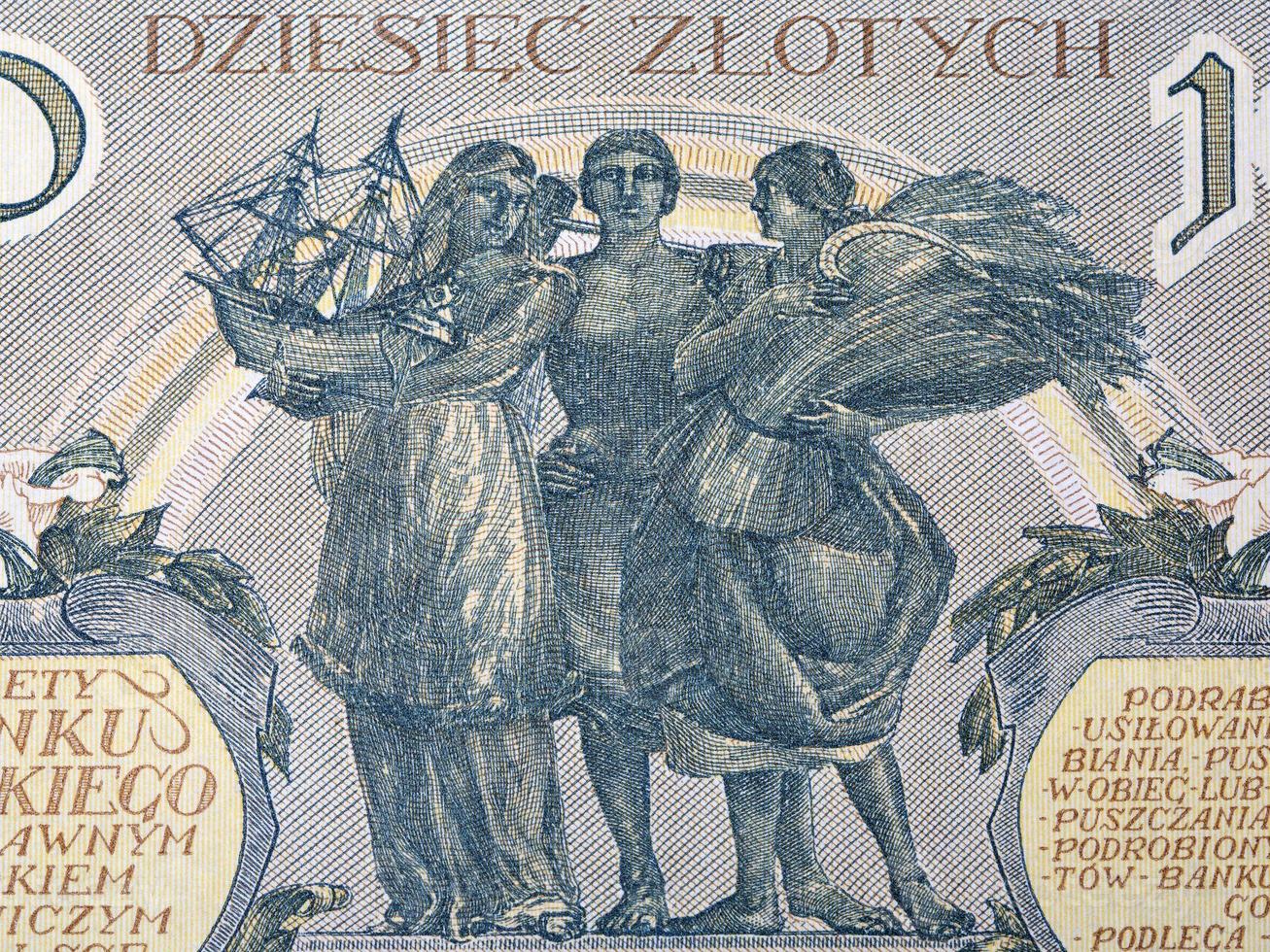 Three standing figures from old Polish money photo