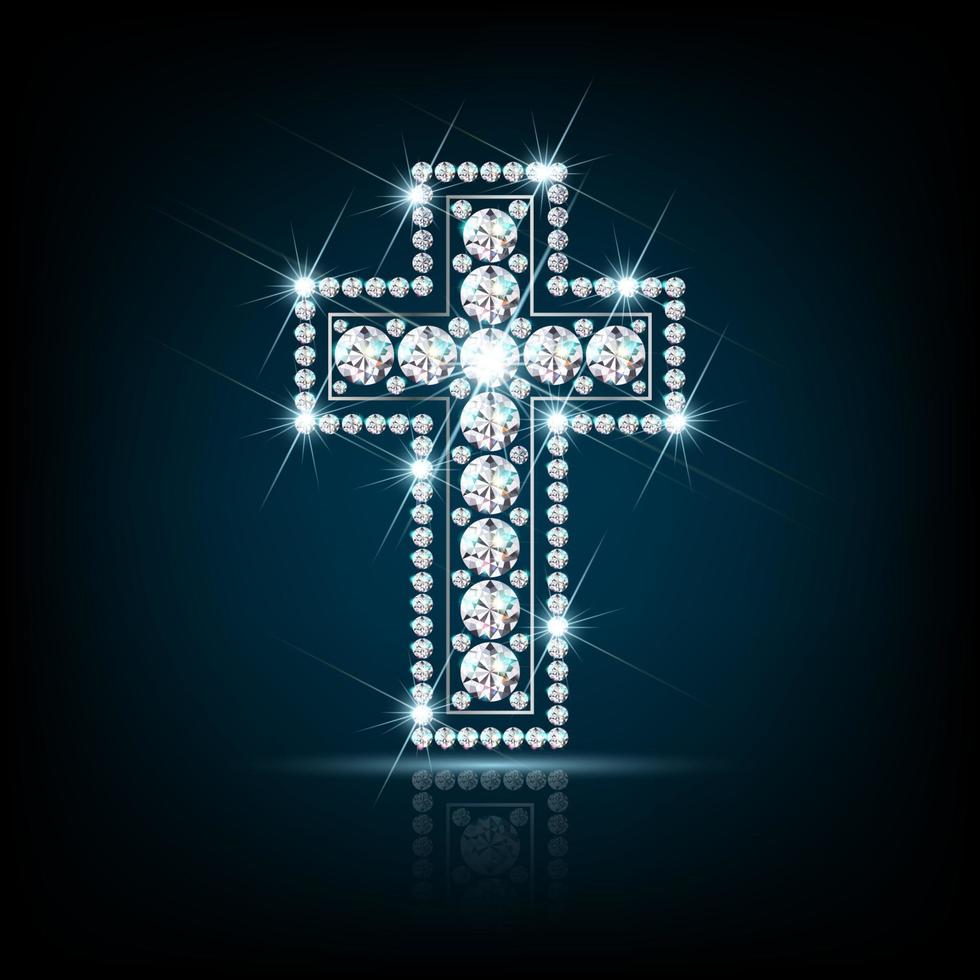 Religious cross made of sparkling diamonds. Realistic vector on dark background