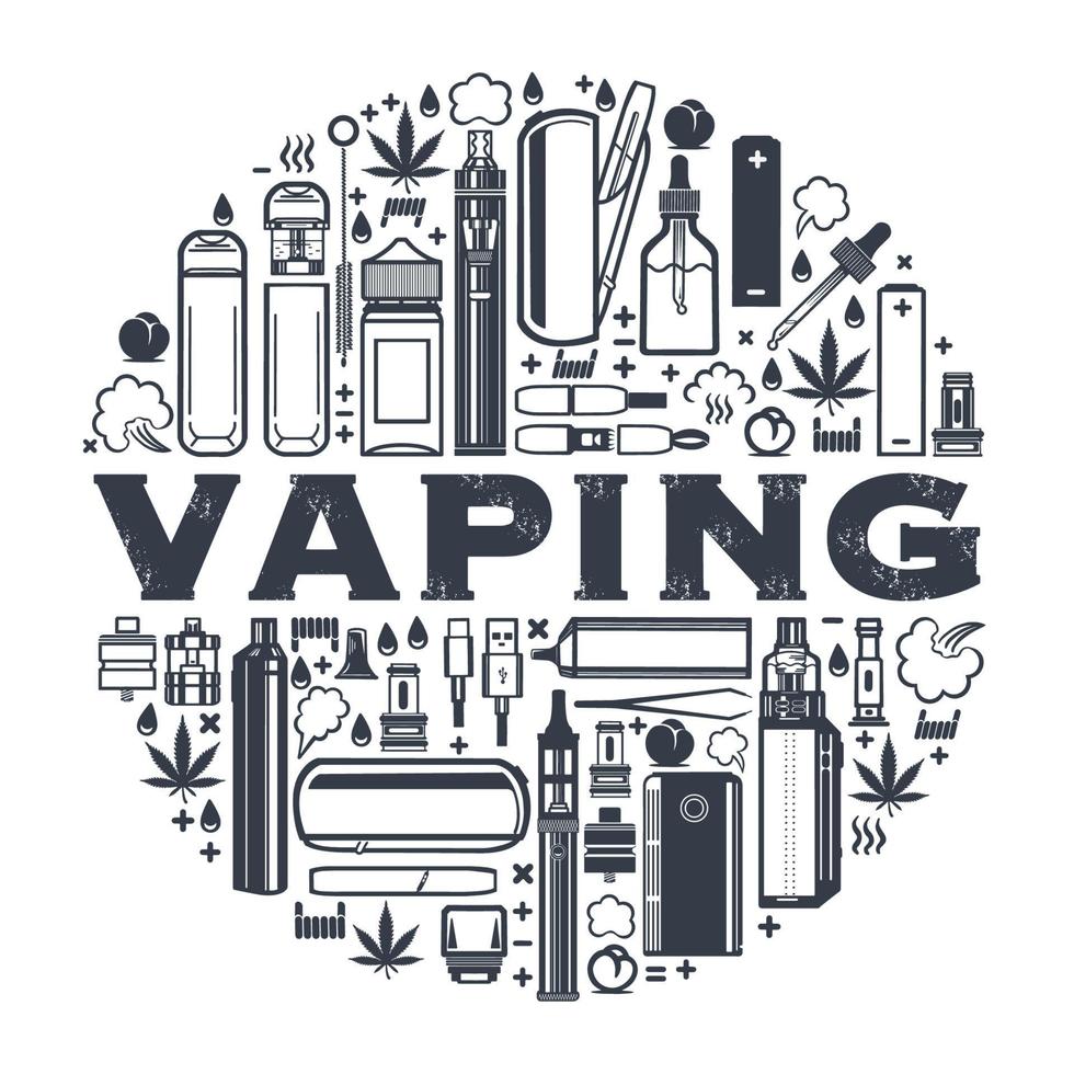 vaping redondo marco para producto diseño. cigarrillos, líquido vaporizadores, marijuana hoja. vector aislado en blanco antecedentes.