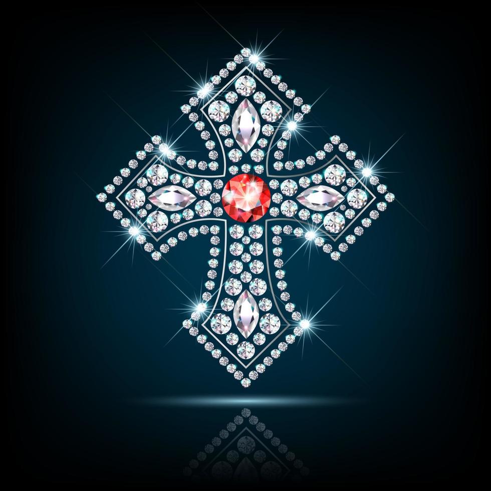 Religious cross made of sparkling diamonds. Realistic vector on dark background