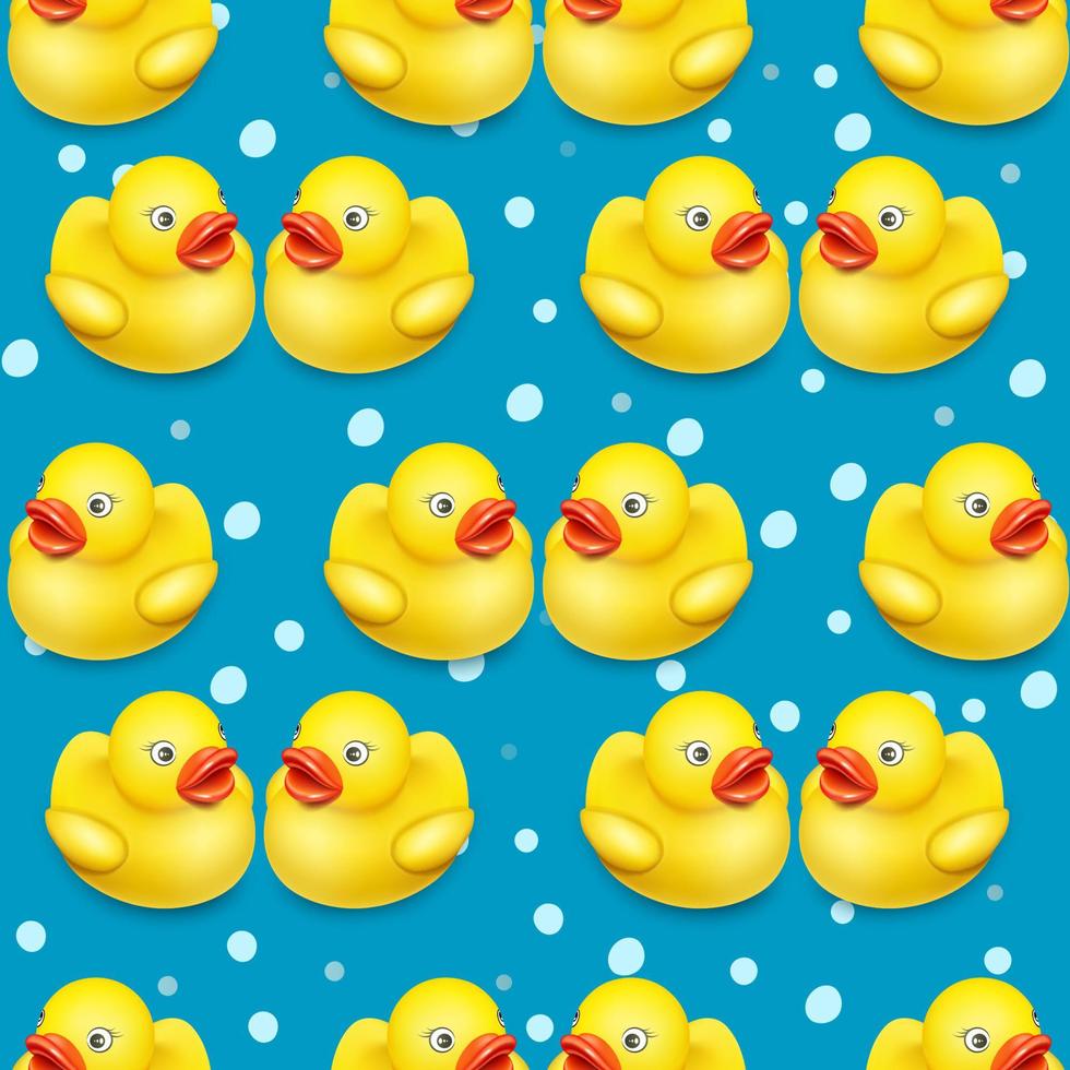 Yellow rubber duck toy for bathing children. Seamless pattern for children's design green vector background.