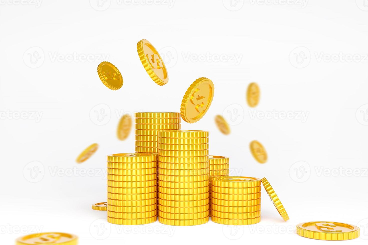 Pile of gold dollar coins with coins fall on white background. concept of financial exchange rates Funds and Profits. photo