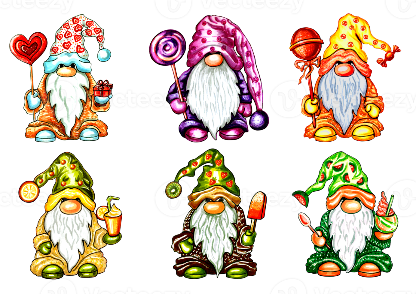 conjunto do 6 colorida gnomos com doces e coquetéis. png