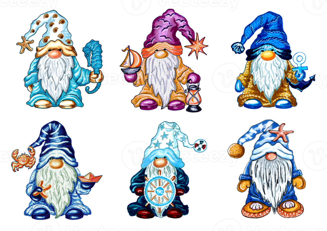 Set of 6 sea gnomes with accessories. PNG illustration with transparent background. For stickers, creating patterns,  wallpaper, wrapping paper, postcards, design template, fabric, clothing.