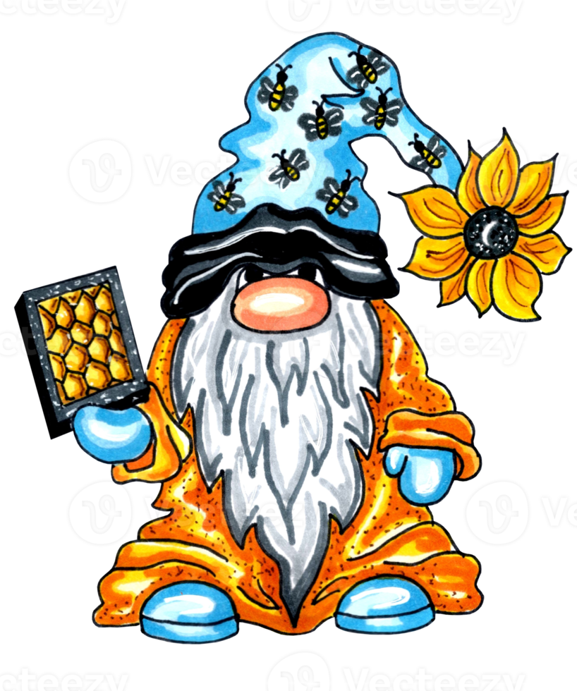 Gnome in a blue cap with bees and a sunflower, holding a honeycomb with honey. png