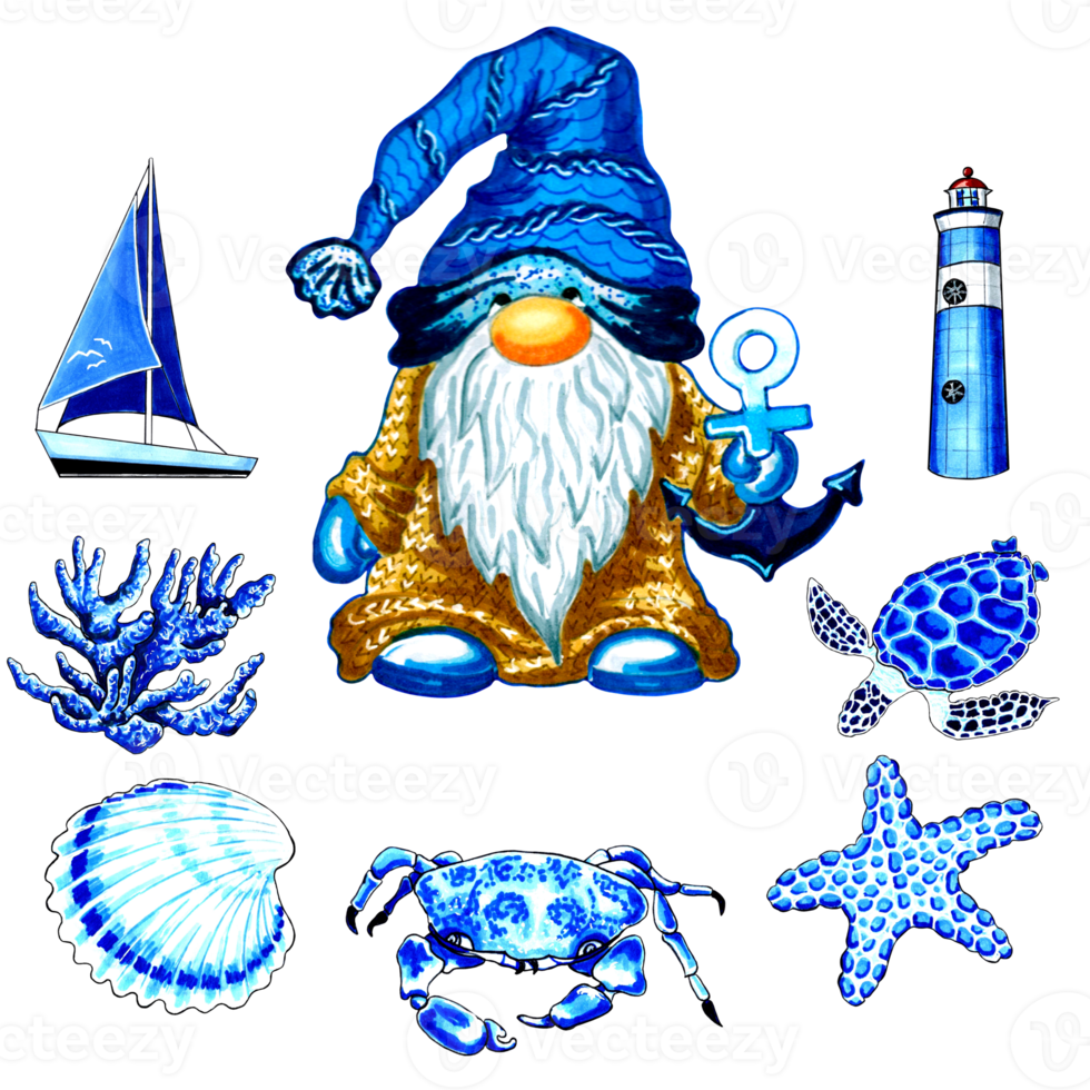 Gnome with marine accessories blue color. png