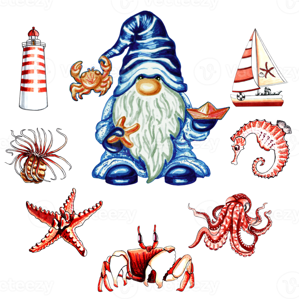 Gnome with marine accessories red-brown color. png