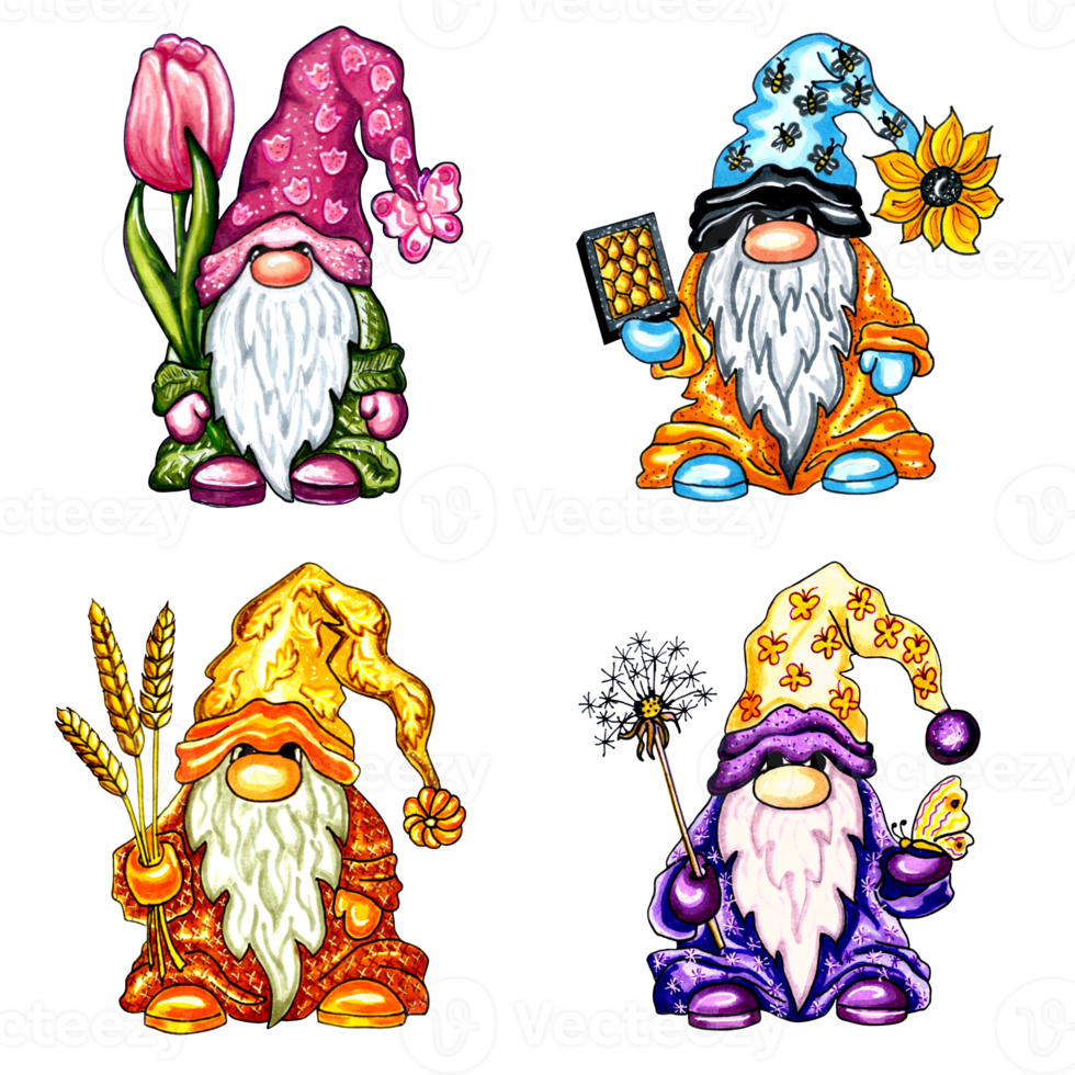 Set of 4 colorful cute gnomes with flowers. png