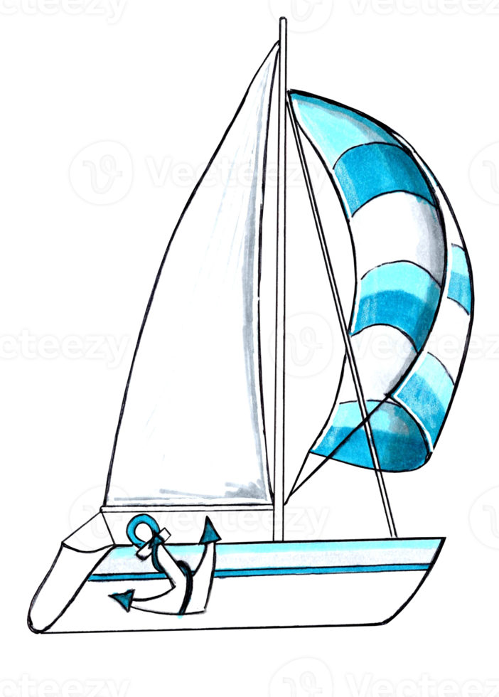 Yacht with aqua color striped sails.  PNG illustration marine life.