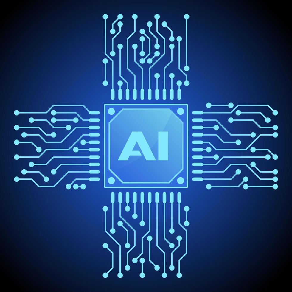 Artificial intelligence symbol vector illustration. Glowing blue chipset for artificial intelligence illustration. Chip icon for graphic resource of technology, futuristic, computer, cyber and science