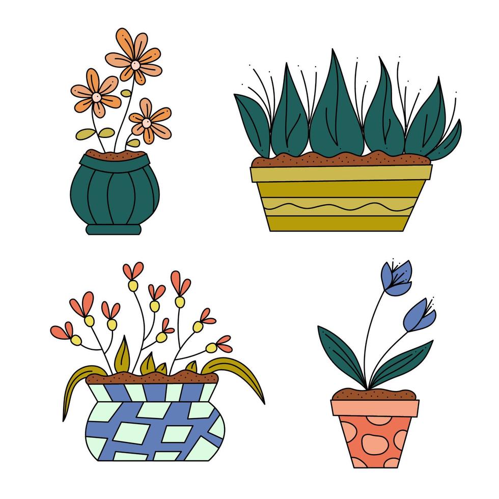 Set of four abstract flowers in pots. Doodle vector color illustration.