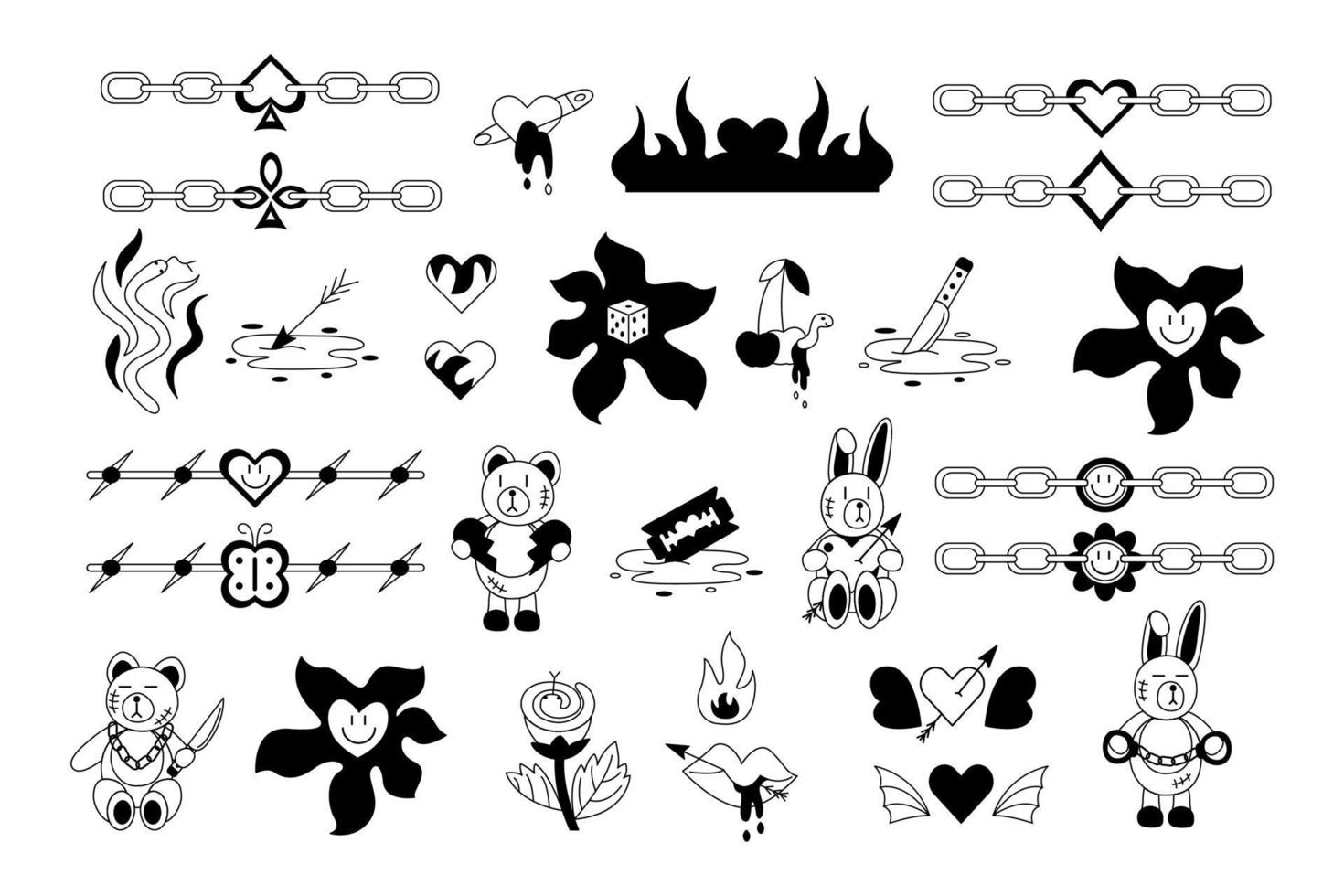 Large tattoo set in the style of the 90s, 2000s. Black and white doodle vector illustration.