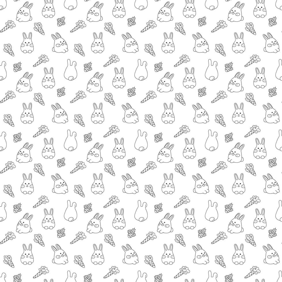 Seamless pattern with cute Easter bunnies and carrots. Doodle vector illustration.