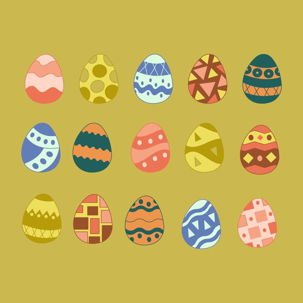 Set of 15 Easter eggs with different abstract patterns. Doodle vector color illustration.