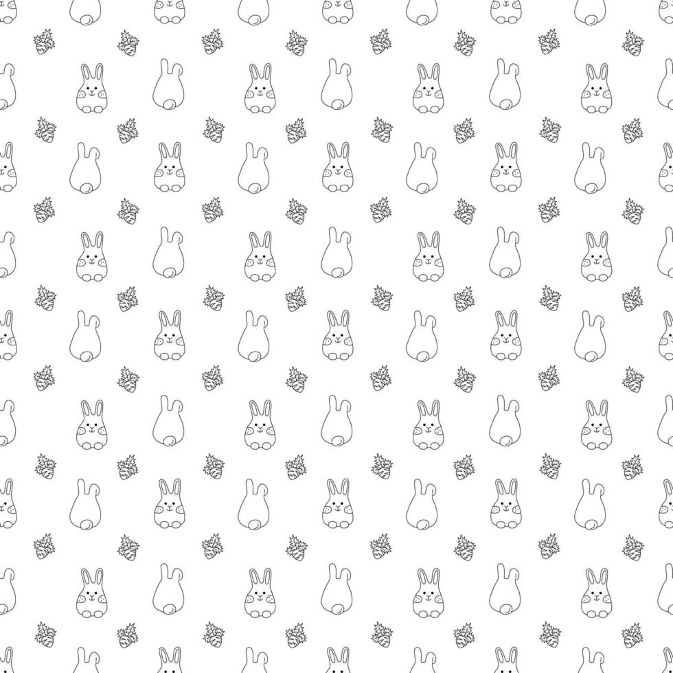 Seamless pattern with cute Easter rabbits and carrot. Doodle vector illustration.