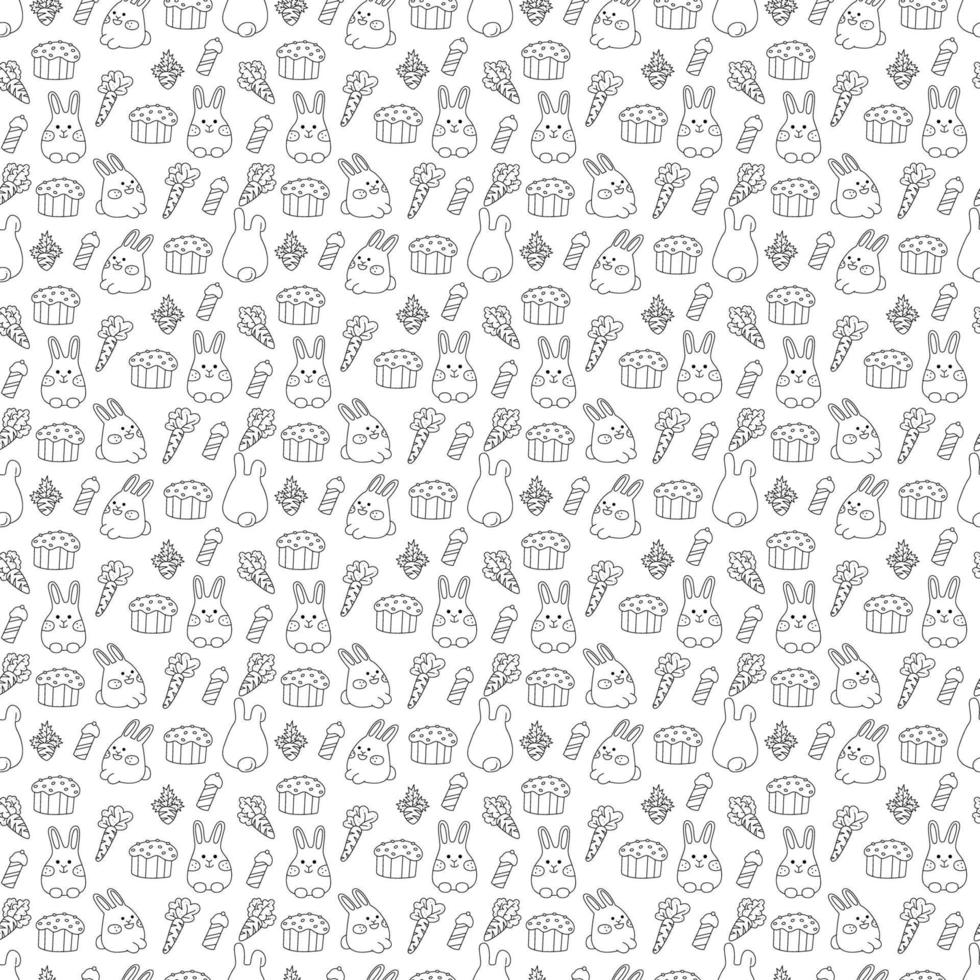 Seamless pattern with cute Easter rabbits, carrots and easter cakes. Doodle vector illustration.