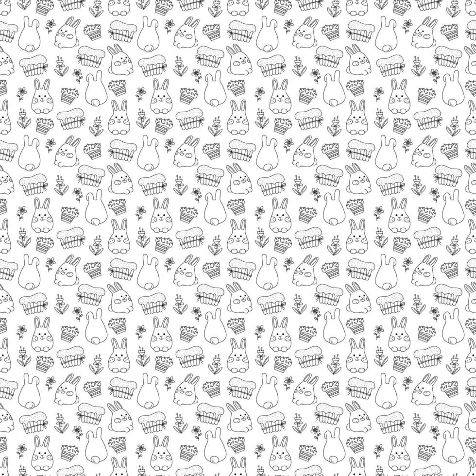 Seamless pattern with cute Easter rabbits, Easter cakes and flowers. Doodle vector illustration.