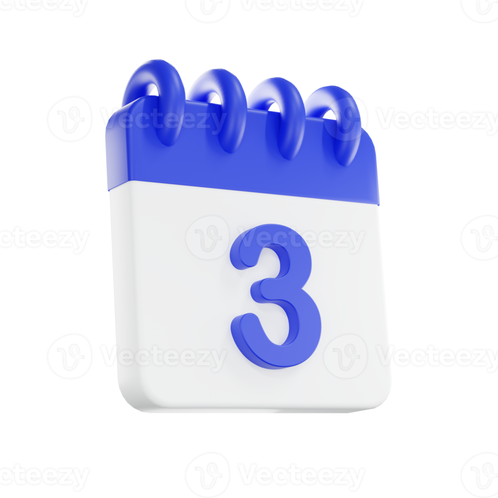 3d Renderização calendário ícone com uma dia do 3. azul e branco cor. png