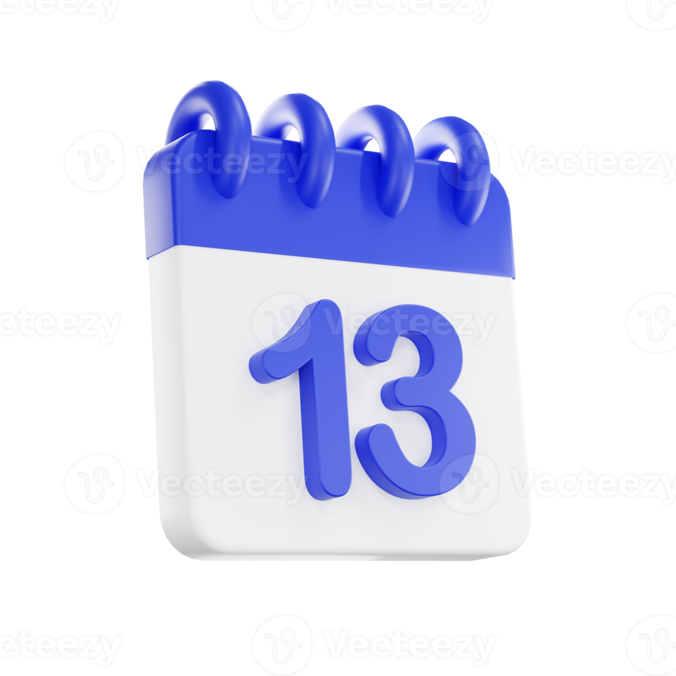 3d tolkning kalender ikon med en dag av 13. blå och vit Färg. png