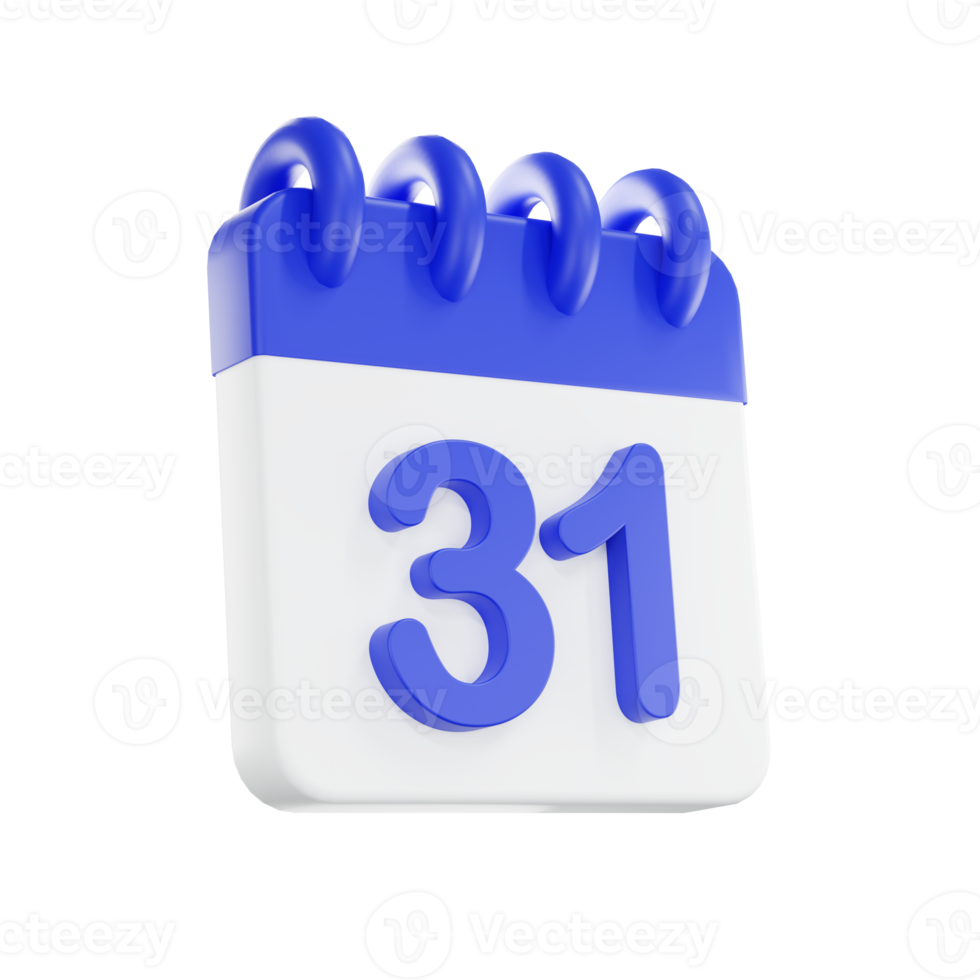 3d rendering calendar icon with a day of 31. Blue and white color. png