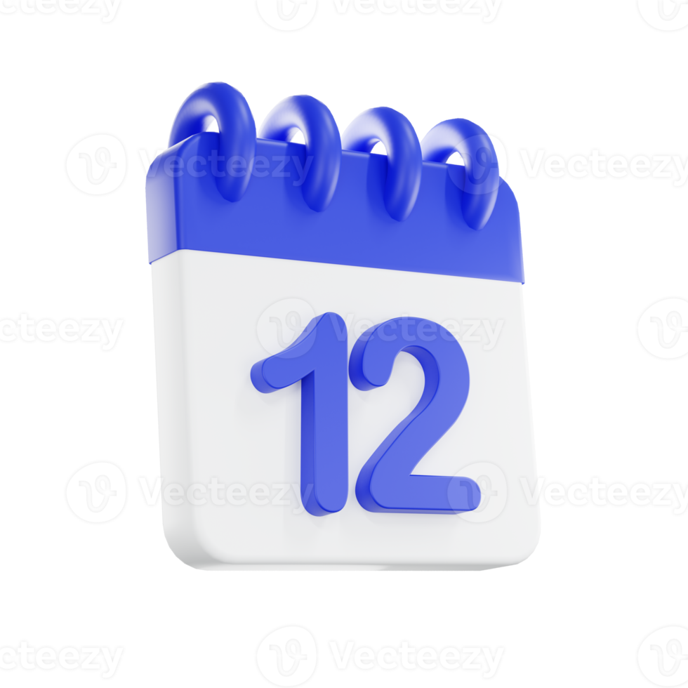 3d rendering calendar icon with a day of 12. Blue and white color. png