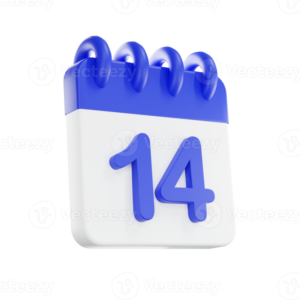 3d interpretazione calendario icona con un' giorno di 14. blu e bianca colore. png