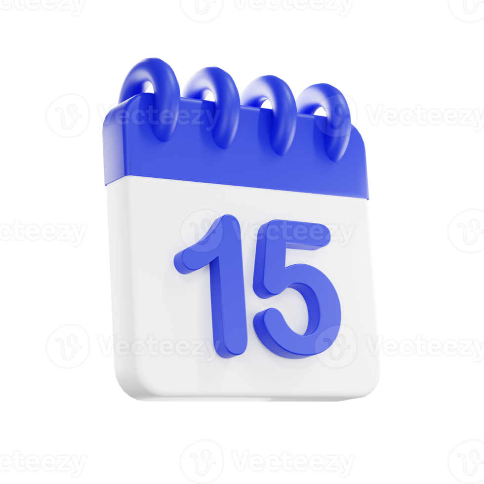 3d rendering calendar icon with a day of 15. Blue and white color. png