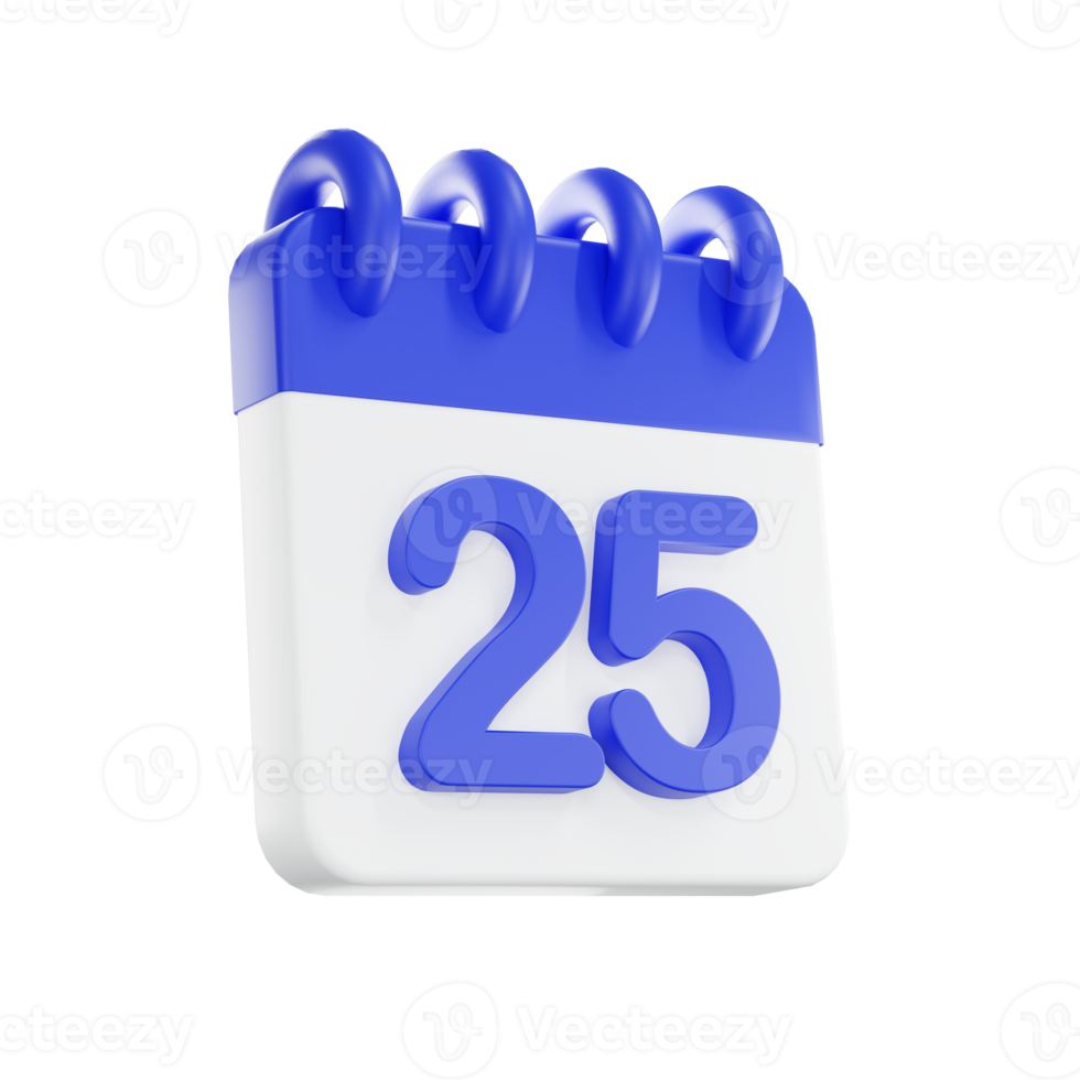 3d rendering calendar icon with a day of 25. Blue and white color. png