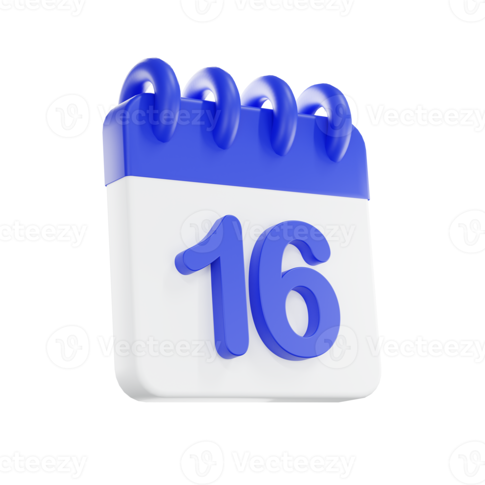 3d rendering calendar icon with a day of 16. Blue and white color. png