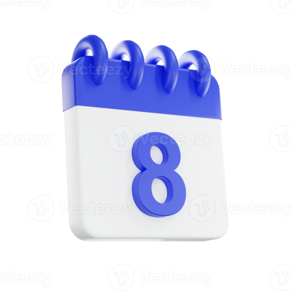 3d rendering calendar icon with a day of 8. Blue and white color. png