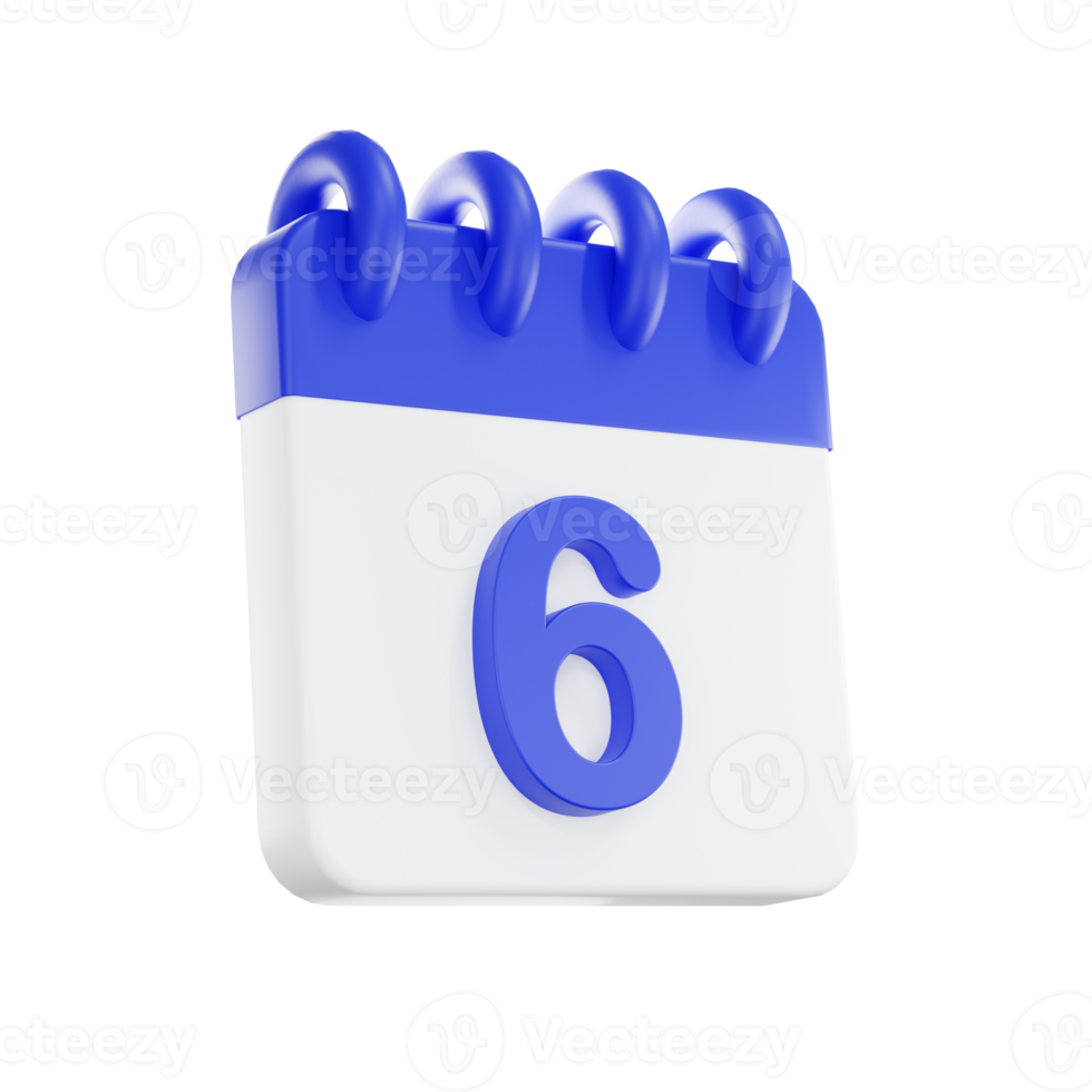 3d Renderização calendário ícone com uma dia do 6. azul e branco cor. png