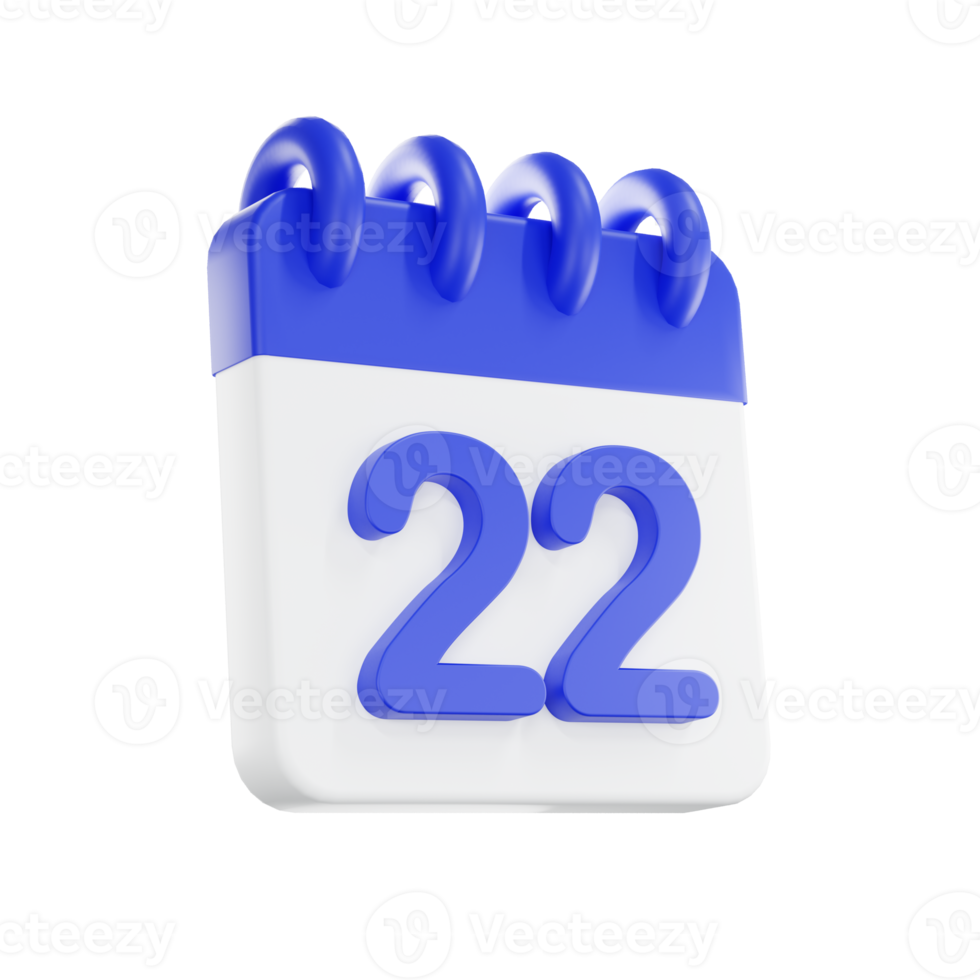 3d rendering calendar icon with a day of 22. Blue and white color. png