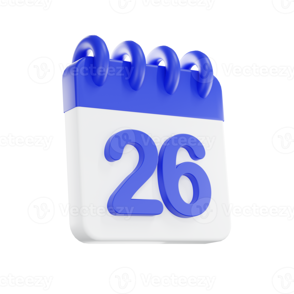 3d rendering calendar icon with a day of 26. Blue and white color. png