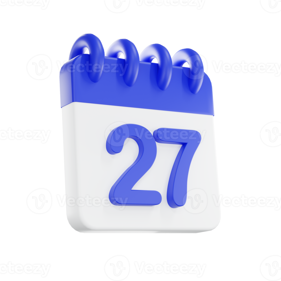 3d rendering calendar icon with a day of 27. Blue and white color. png