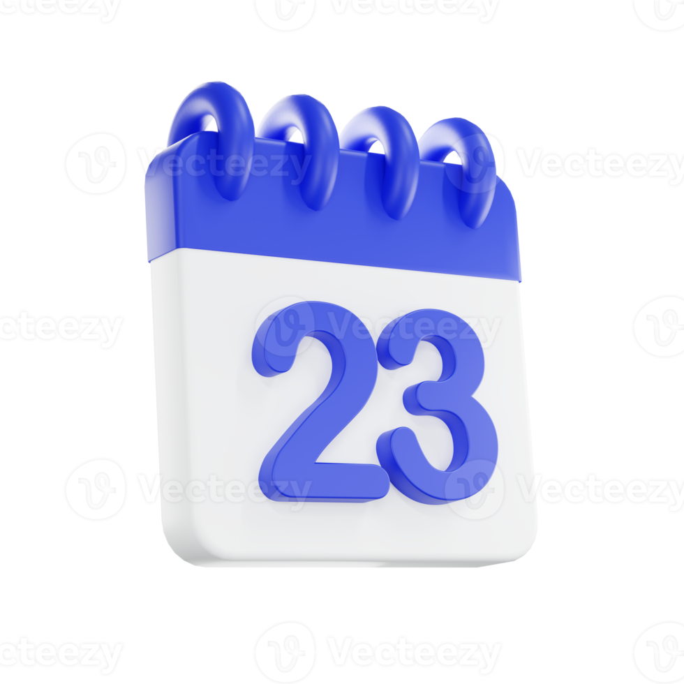 3d representación calendario icono con un día de 23 azul y blanco color. png