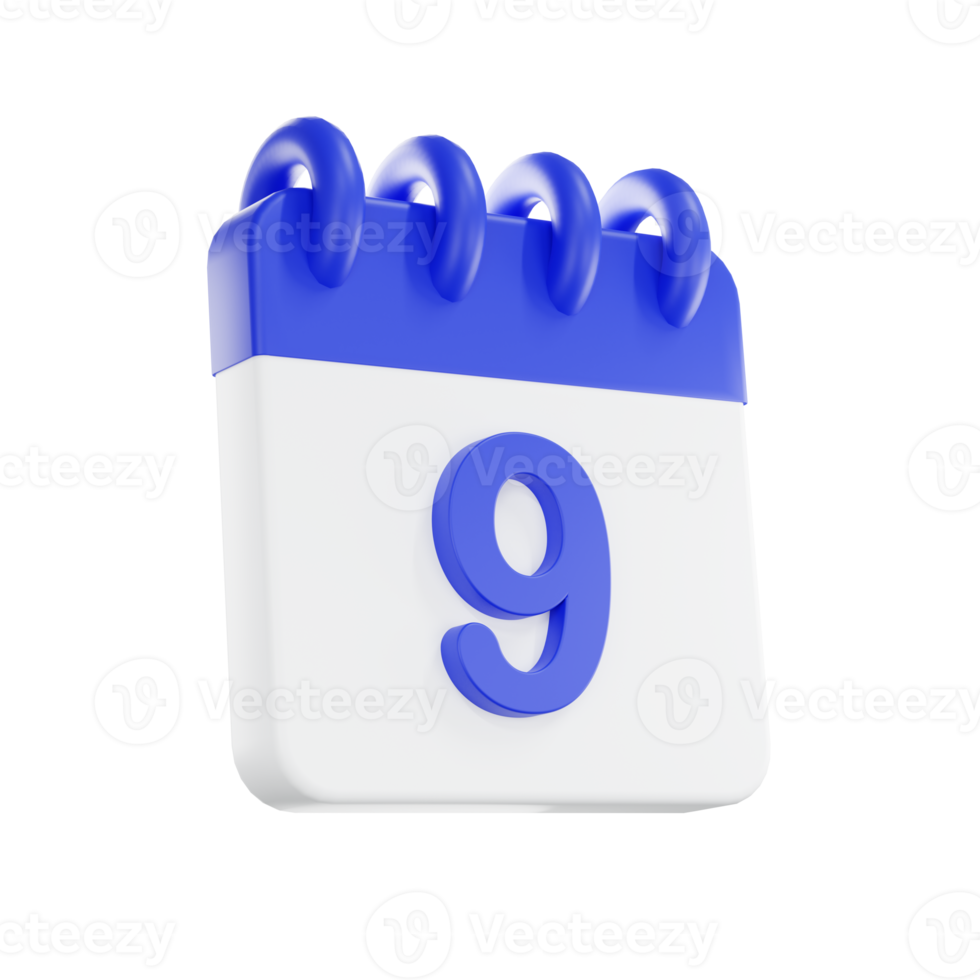 3d rendering calendar icon with a day of 9. Blue and white color. png